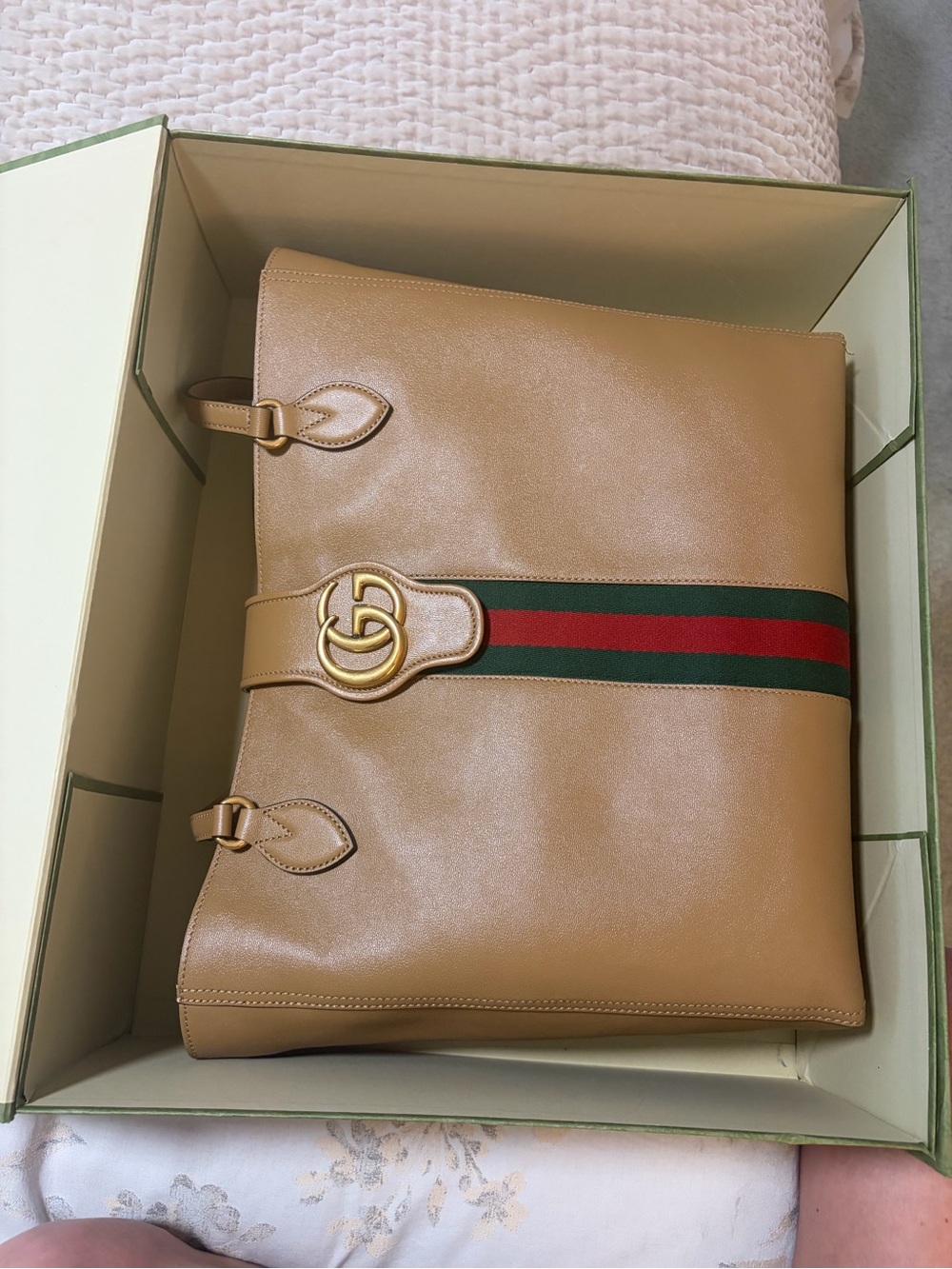 Gucci Camel Leather Tote with Green-Red Web and Gold Double G